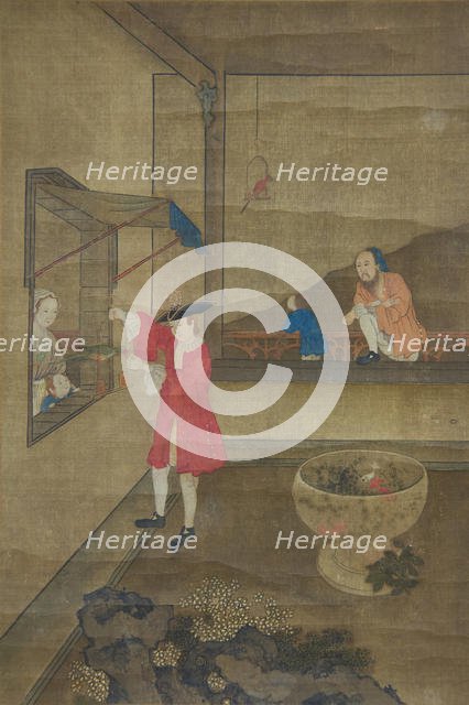 European Couple and Child Playing with Parrot, 18th century. Creator: Unknown.