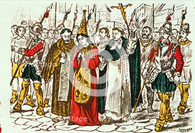 Auto-da-fe, a woman accused of heresy walks towards death in the streets of Barcelona, drawing in…