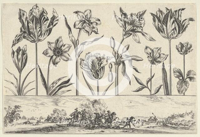 Horizontal Panel with a Row of Flowers Above a Frieze with a Battle Scene in a Landscape, ..., 1645. Creator: Nicolas Cochin.
