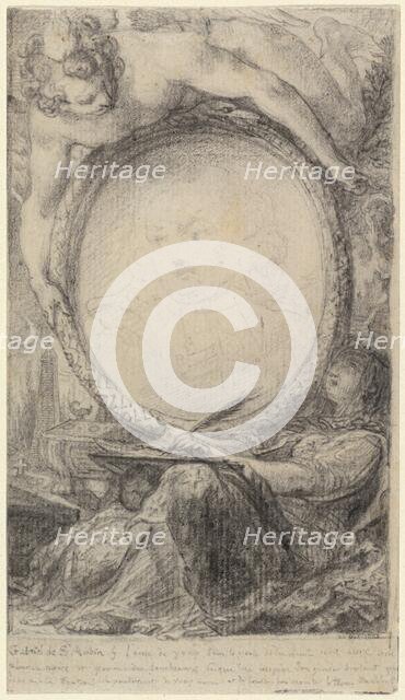 Allegorical Frame with a Genius and a Veiled Woman Writing, c. 1769. Creator: Gabriel de Saint-Aubin.