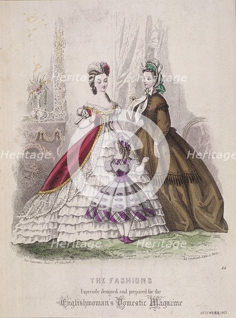 Two women and a little girl model the latest fashions, 1863. Artist: Anon