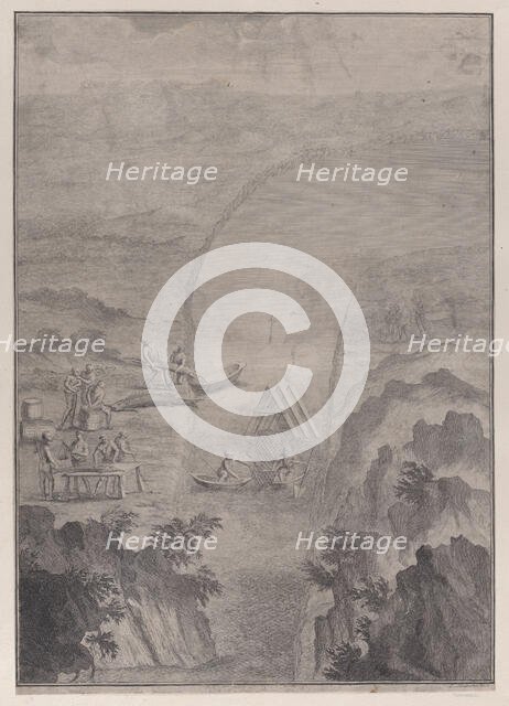 Men fishing with nets in a river, from 'Danubius Pannonico-Mysicus' (Volume 3), 1726. Creator: Jacobus Houbraken.