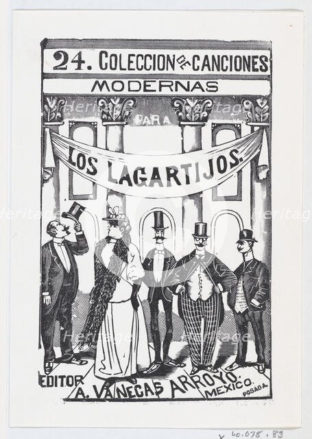 Four men and one woman in fine clothes standing in a line under a banner, illustr..., ca. 1880-1910. Creator: José Guadalupe Posada.