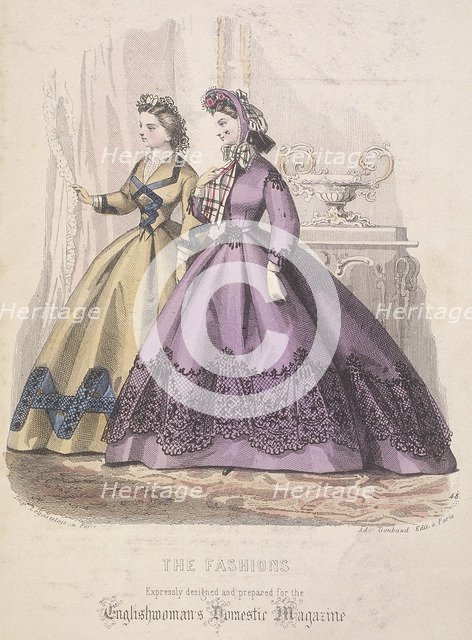 Two women model the latest fashions, 1864. Artist: Anon