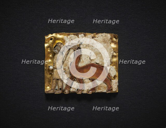 Votive plaque in cloisonné with man leading a camel. From the Oxus Temple..., 6th-5th cent. BC. Creator: Central Asian Art.