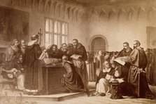 Galileo Galilei at his trial by the Inquisition in Rome in 1633. Creator: Unknown.