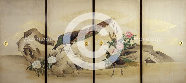 Peacock and Peahen with Chick and Peonies, c1840-50. Creator: Mori Ippô.