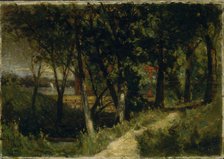 Untitled (landscape, forest scene with red fence and building), 1893. Creator: Edward Mitchell Bannister.