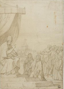 Pope Blessing Two Women in the Presence of Satyr and Assembled Women with Castel Sant Angelo..., n.d Creator: Unknown.