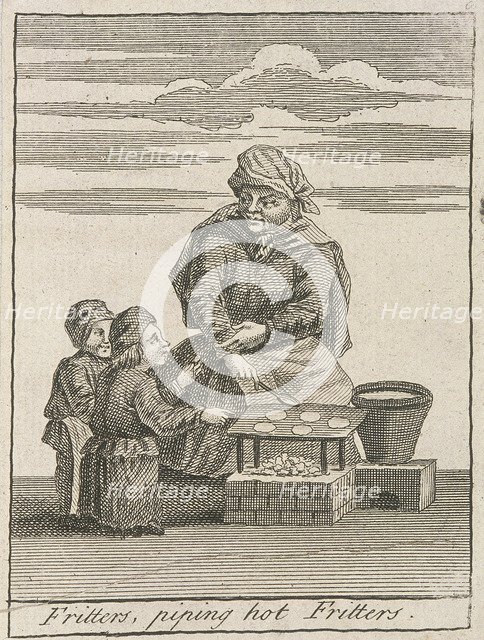 'Fritters, piping hot Fritters', Cries of London, (c1688?). Artist: Anon