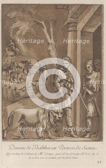 A shepherd holding a lion on a leash in the foreground, in the middle ground the sh..., ca. 1729-64. Creators: Caylus, Anne-Claude-Philippe de, Nicolas Le Sueur.