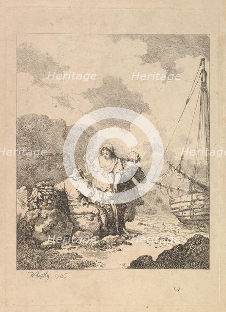 Fishermen by the Shore - Coastal Scene with a Man Sitting on Rocks and Smoking a Pipe, Nex..., 1786. Creator: Thomas Rowlandson.