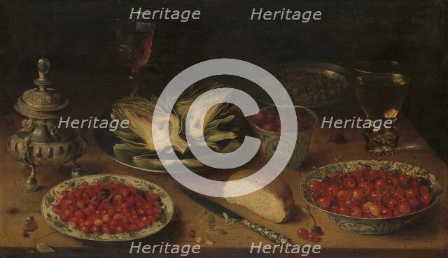 Still Life with Artichoke, Fruit in Kraak Porcelain Ware, a Salt Cellar/Pepper Castor, c.1605-c.1615 Creator: Osias Beert the Elder.