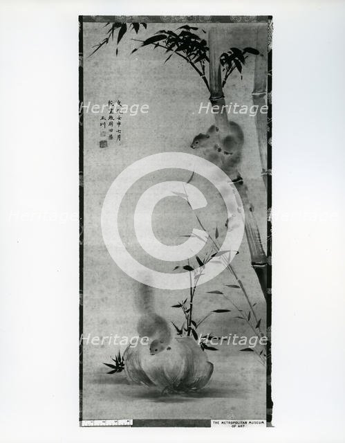 Squirrels on Bamboo and Rock, 1812. Creator: Gyokusen.