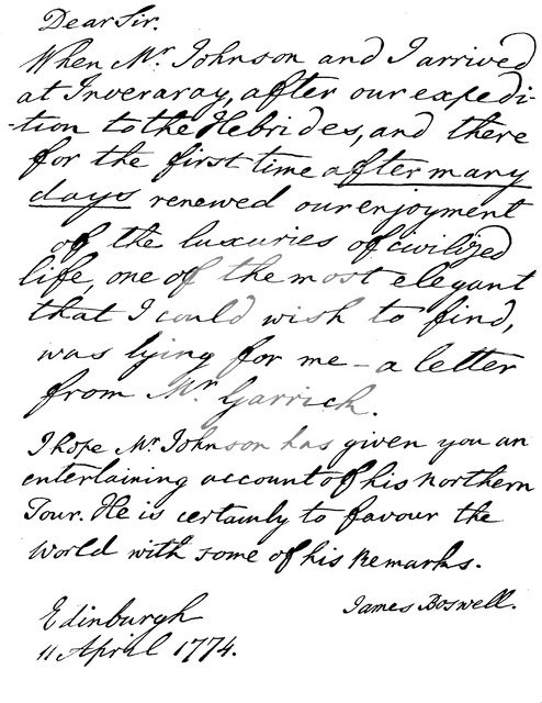Part of a letter from James Boswell to David Garrick, Edinburgh, 11 April 1774, (1840). Artist: James Boswell