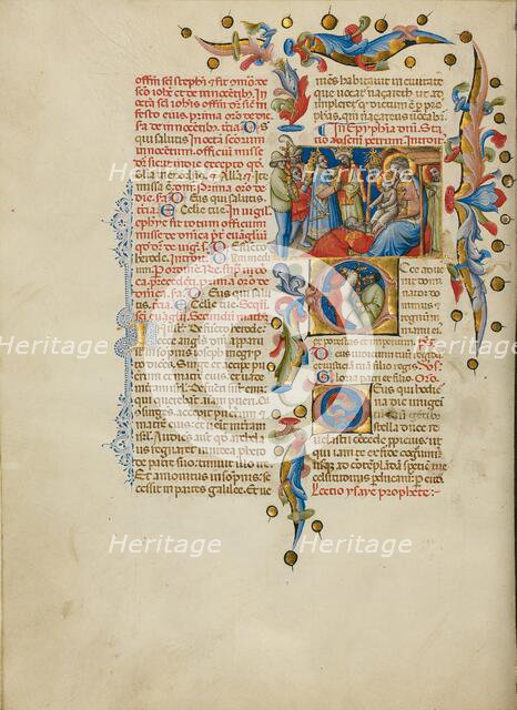 The Adoration of the Magi: Initial E: Sword Bearers; Missal, between about 1389 and 1400. Creator: Master of the Brussels Initials.