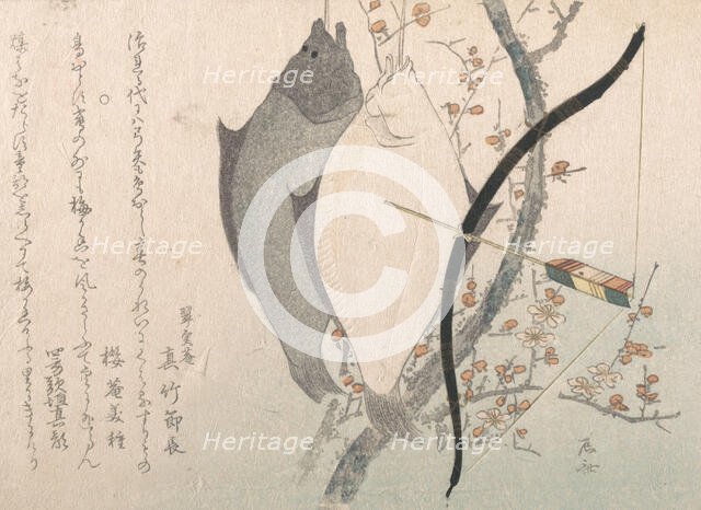 Halibuts and a Bow with Arrow Hanging on a Plum Tree, 19th century., 19th century. Creator: Shinsai.