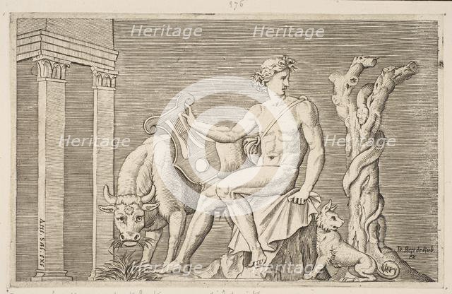 Apollo tending the flocks of Admetus, Apollo seated holding a lyre and flanked by a..., ca. 1515-27. Creator: Marco Dente.