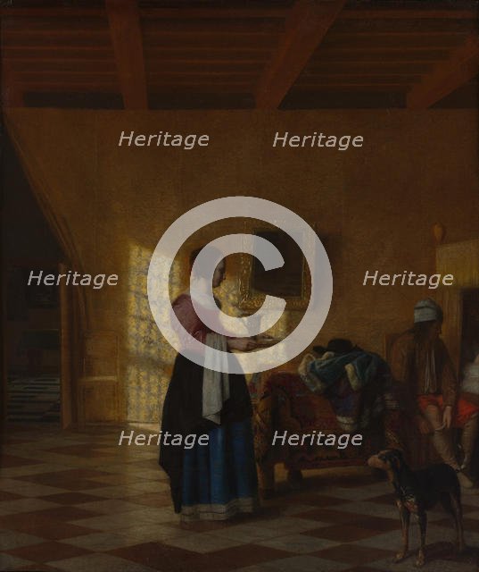 Woman with a Water Pitcher, and a Man by a Bed, ca. 1667-70. Creator: Pieter de Hooch.