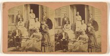 Family portrait posed on front porch of house, about 1865. Creator: Unknown.