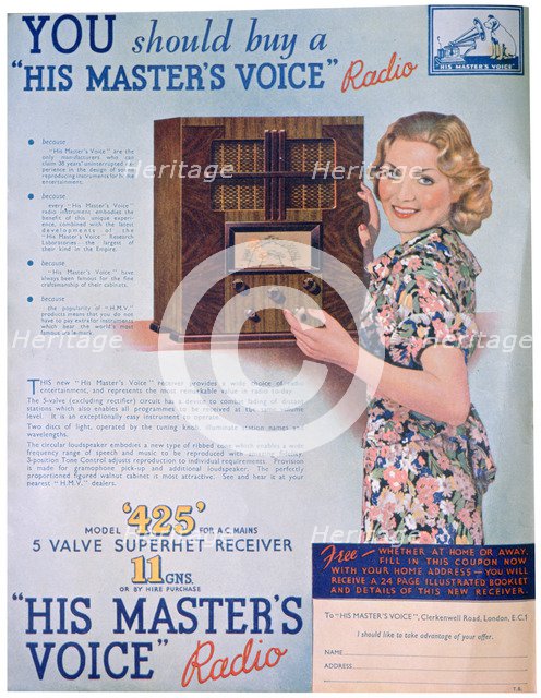 Advert for 'His Master's Voice' radios, 1936. Artist: Unknown