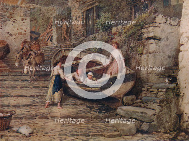 'View at Clovelly, with Stranded Boat and Figures', 1882, (1935). Artist: Birket Foster.