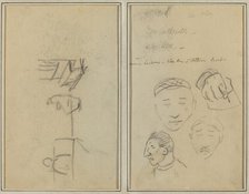 Two Figures and a Bench; Three Studies of Men's Heads and One of a Hand [recto], 1884-1888. Creator: Paul Gauguin.