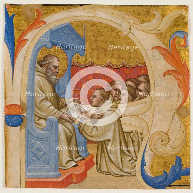 Choral Leaf Fragment: Historiated "A" with Six Monks Presenting a Book to an Enthroned....(?), c1400 Creator: Unknown.