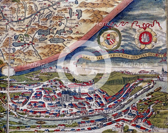  'Theatrum Orbis Terrarum' by Abraham Ortelius, Antwerp, 1574, map of Salzburg and view of the city.