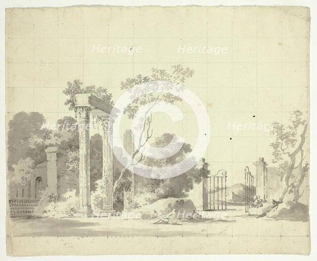 View of the Park at Versailles: Ruined Columns and an Open Iron Gate, n.d. Creator: Pierre Antoine Mongin.