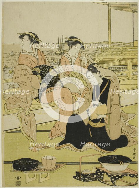 Overlooking the bay at Shinagawa, c. 1790. Creator: Utagawa Toyokuni I.