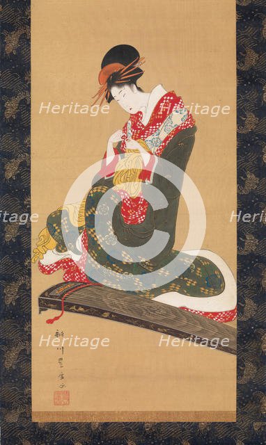 Woman Putting on Finger Plectrums to Play the Koto, early 19th century. Creator: Utagawa Toyohiro.