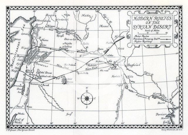 Railway and motor routes and pipelines, Syrian desert, 1937. Artist: Emery Walker Ltd