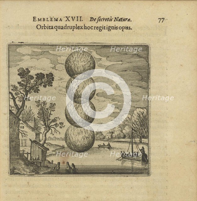 Emblem 17. A fourfold ball of fire governs this work. From "Atalanta fugiens" by Michael Maier, 1618 Creator: Merian, Matthäus, the Elder (1593-1650).