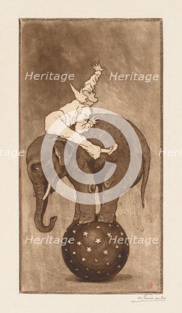 Elephant and Clown (LElephant et le Clown), c. 1889. Creator: Henri Charles Guérard (French, 1846-1897).