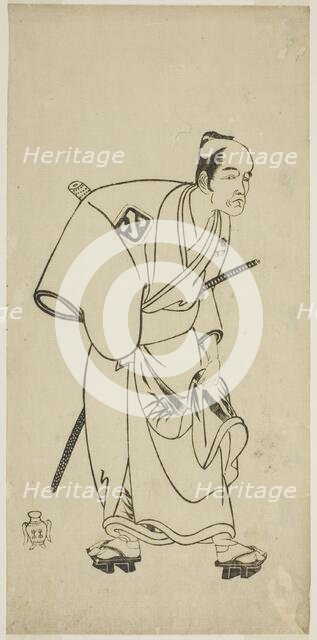 The Actor Arashi Otohachi I as Hotei Ichiemon in the Play Ayatsuri Kabuki Ogi, Performed..., c.1768. Creator: Shunsho.