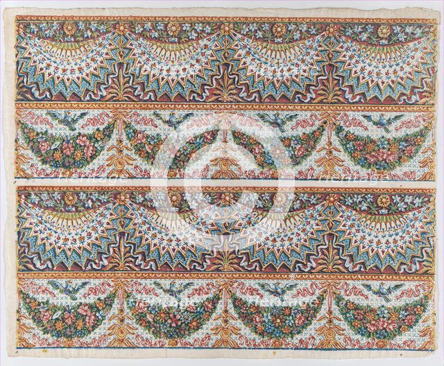 Sheet with a two borders with four hanging draperies,multicolor fest..., late 18th-mid-19th century. Creator: Anon.