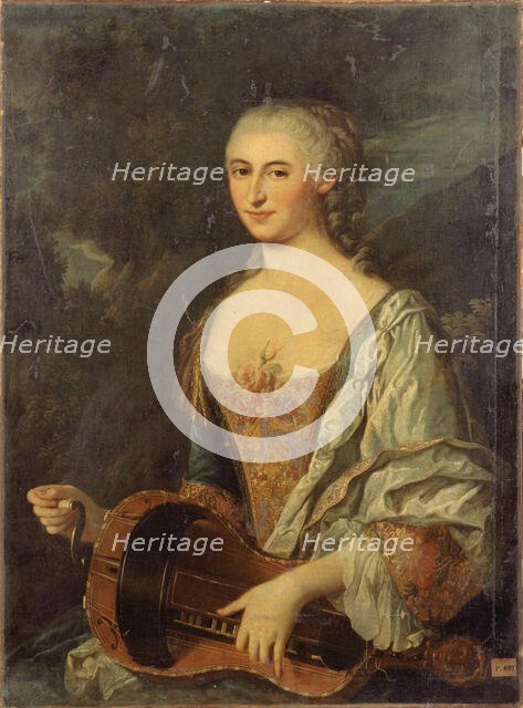 Portrait of a woman playing the hurdy-gurdy, c1740. Creator: Unknown.