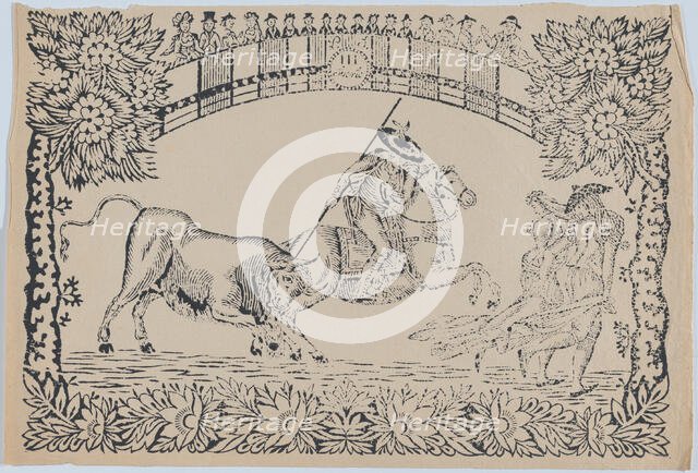Suerte III: Picador stabbing a bull; two toreros running to right, ca. 1850-80., ca. 1850-80. Creator: Anon.