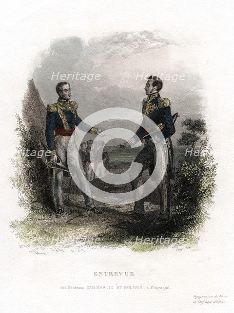 Meeting between Generals San Martin and Bolivar, Guayaquil, Ecuador, 1822, (19th century).Artist: Levy