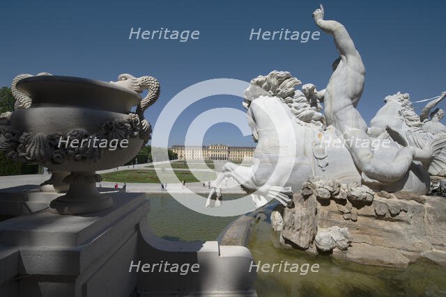 The elaborate fountain in the gardens of Schonbrunn, Vienna, Austria, 2022. Creator: Ethel Davies.