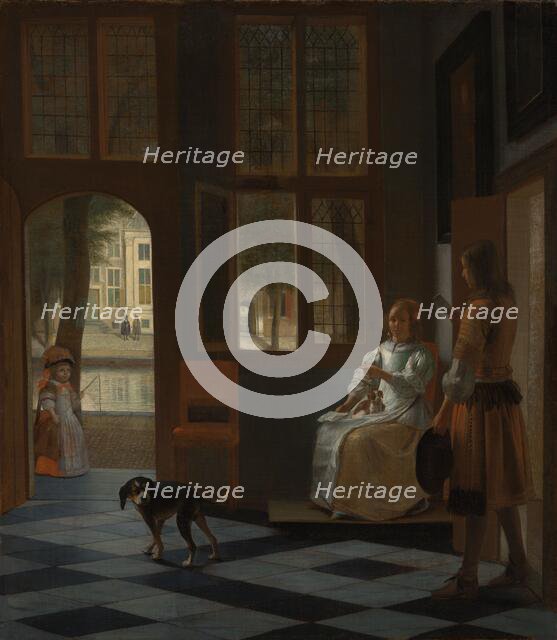 Man Handing a Letter to a Woman in the Entrance Hall of a House, 1670. Creator: Pieter de Hooch.