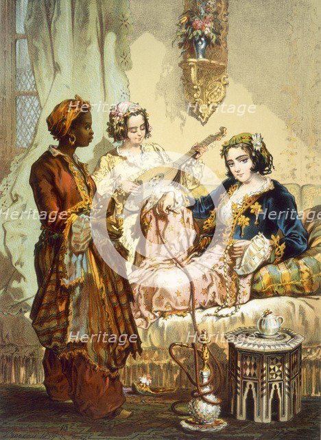 The Cup of Coffee: Two women taking coffee and smoking hubble-bubble, pub. 1865. Creator: Amadeo Preziosi (1816-82).