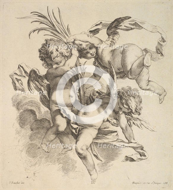 Three Children Among Clouds Near a Palm Leaf, 1738-45. Creator: Gabriel Huquier.