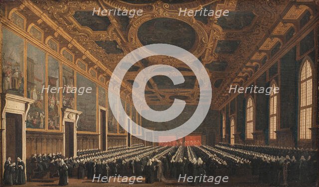 The Doge and Grand Council in Sala del Maggior Consiglio, 1761-1765. Creator: Canaletto.