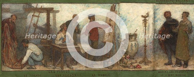 Benvenuto Cellini, 16th century artist, admiring products of modern art: Fabrics: Sketch..., 1880. Creator: Edmond Eugene Valton.