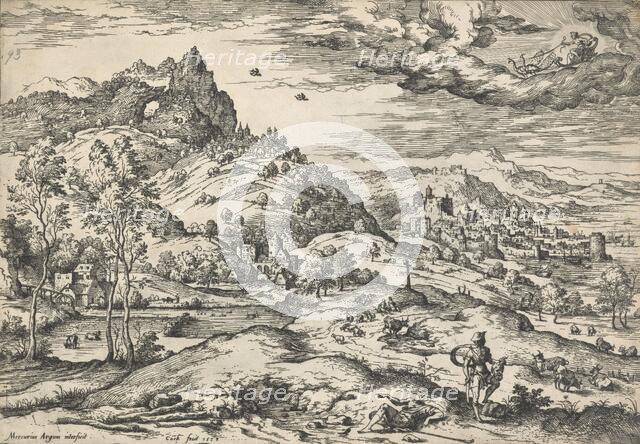 Mercury with the head of Argus in his hand, from Landscapes with biblical and mythological...1558. Creator: Hieronymus Cock.