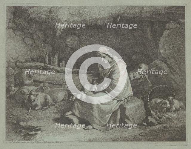 Interior of a Stable with a Seated Spinner and Sleeping Child, 1759/1782. Creator: Francesco Londonio.