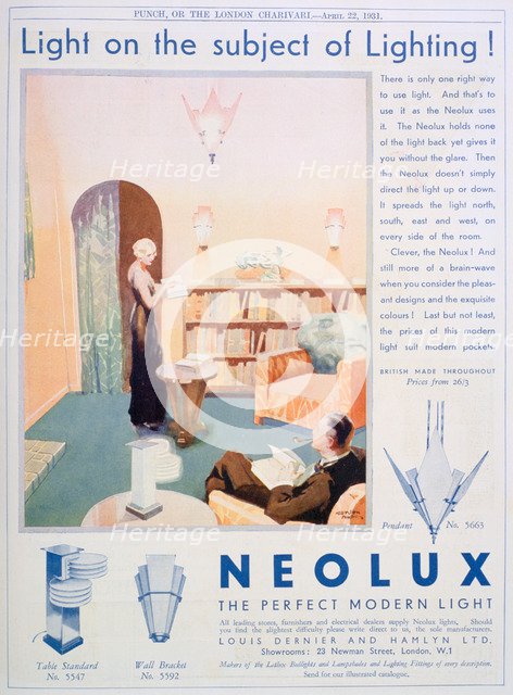 Advert for Neolux light fittings, 1931. Artist: Unknown