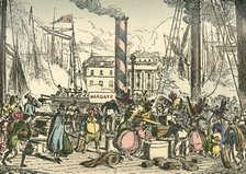 'Getting on Board the Margate Steam Packet at London Bridges Wharf', 1838. Artist: William Heath.